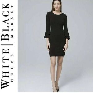 White House Black Market Black Dress Ruffles 3/4 Sleeve, Size XS